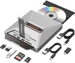 "Alxum" išorinis DVD kompaktinių diskų diskas su M.2 NVMe - 10Gb/s ir SD/Micro SD kortelių lizdu, kortelių skaitytuvu ir USB prievadais, CD/DVD įrašymo įrenginys, skirtas nešiojamiesiems kompiuteriams, staliniams kompiuteriams, "MacBook", "Windows", "Lin
