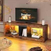"Bestier" televizoriaus spintelė, žema lentynėlė 65 colių ir mažesniems televizoriams, 140 x 35 x 47 cm, televizoriaus spintelė su RGB LED apšvietimu, televizoriaus stovas su integruotu kabelių tvarkymu, reguliuojamas stiklinis dubuo, rudos spalvos