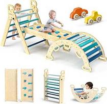 "BlueWood 7-in-1 Montessori" laipiojimo trikampis su laipiojimo arka ir nusileidimo kalneliu, medinis trikampis mažiems vaikams, laipiojimo žaislas mažiems vaikams, laipiojimo rėmas nuo 1 metų