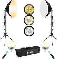 "FGen Softbox" fotostudijos rinkinys, 2 x 50 cm aštuonkampio formos softboxai su 60 W LED 3000-6500 K lempomis, 150 cm reguliuojamas šviesos stovas portretinėms nuotraukoms, tiesioginei transliacijai, "YouTube" vaizdo fotografijai