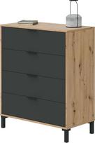 "Habitdesign", "Enzo" komoda su 4 stalčiais - moderni miegamojo ar biuro ąžuolo Nodi ir antracito spalvos stalčių spintelė, taupanti erdvę aukšta komoda, matmenys: 77,5 x 94 x 40 cm (plotis x aukštis x gylis)