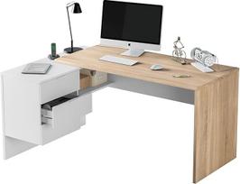"Habitdesign", "Artik" baltas ir kanadietiško ąžuolo rašomasis stalas - modernus biuro stalas su stalčių bloku, matmenys: 145 x 73 x 102 cm (plotis x aukštis x gylis), daug vietos namų biurui, biuro modelis