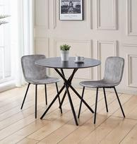"Hallowood Furniture Cullompton" mažas apvalus valgomojo stalo ir kėdžių komplektas 2, juodas medžio efekto virtuvės stalas su pilkos odos efekto valgomojo kėdėmis Valgomojo komplektas namų kavinei