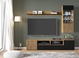 "Homlando Auris B" sieninė spinta - modernūs ąžuolo "Artisan Black Matt" ąžuolo spalvos svetainės komplektai su televizoriaus žemutine lenta, vitrina ir sienine lentyna. Elegantiška aukštos kokybės MDF lentjuostės