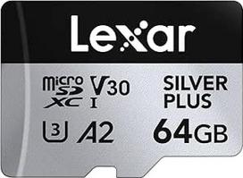 "Lexar Silver Plus Micro SD" 64GB atminties kortelė, iki 205MB/s skaitymo greitis, 100MB/s įrašymo greitis, "Micro SD" atminties kortelė su SD adapteriu, UHS-I, A2, U3, V30, 10 klasė, 4K UHD microSDXC
