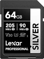 "Lexar Silver" SD kortelė 64GB, UHS-I SDXC kortelė, 205MB/s skaitymo greitis, 90MB/s įrašymo greitis, V30, U3, C10, 4K UHD vaizdo įrašas, SD atminties kortelė su "Lexar" viso gyvenimo duomenų atkūrimu