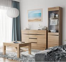"Lomadox" svetainės baldų komplektas 3 dalių bufetas, vitrina su apšvietimu, kavos staliukas 75 x 75 cm, ąžuolo vengės spalvos Nb. Be rankenų Modernus