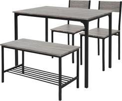 "ML-Design" valgomojo stalo komplektas iš 4 dalių, ąžuolo pilkos spalvos, valgomojo stalas su 2 kėdėmis ir 1 suolu, valgomojo komplektas 4 asmenims, virtuvės stalo metalinis rėmas, baro stalo komplektas, valgomojo kambario grupė virtuvei ir valgomajam