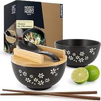 "Moritz & Moritz" 2 x "Ramen" keraminiai dubenėliai, 600 ml, 15 cm skersmens, juodas "Ramen" dubenėlių rinkinys 2 asmenims, skirtas sriubai, Pho ir suši, su lazdelėmis, dangteliu ir šaukštu