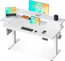 "OffiGo" reguliuojamo aukščio rašomasis stalas, vientisas stalviršis, 120 x 60 cm, elektrinis rašomasis stalas su L monitoriaus laikikliu, stovimas stalas su stalčiumi, stovimas stalas su USB, ergonomiškas kompiuterio stalas, baltas