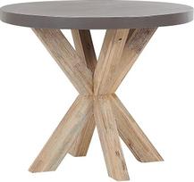 "Olbia" sodo stalas apvalus 90 cm, pilkas pluoštinis cementas, akacijos medžio kojos, kaimiškas vaizdas