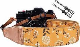 "Padwa Lifestyle" fotoaparato dirželis - 2 colių pilnos odos fotoaparato dirželiai fotografams, garstyčių geltonos spalvos gėlės