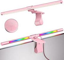 "Quntis" 51 cm išlenkto monitoriaus lempa su RGB foniniu apšvietimu, nuotolinio valdymo pultu, 15 režimų monitoriaus šviesos juosta, skirta žaidimams, akims draugiška reguliuojamo ryškumo USB ekrano lempa, skirta kompiuteriui, biurui - šviečia RGB rožine