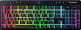 "Razer BlackWidow V4 Low-Profile HyperSpeed" - belaidė, plokščia mechaninė žaidimų klaviatūra (HyperSpeed Wireless & BT, daugiafunkcinis sukamasis valdymas ir 11 funkcinių klavišų), oranžiniai jungikliai, DE išdėstymas