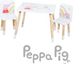 "roba Peppa Pig" vaikiškų sėdmaišių rinkinys, 2 vaikiškos kėdutės ir 1 stalas vaikams, sėdmaišių rinkinys su rožiniu animacinio filmuko motyvu, medinis, baltas / natūralus, nuo 18 mėn.