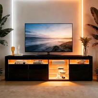 "Senvoziii" LED televizoriaus spintelė su 3 durelėmis ir stiklinėmis lentynomis, TV lenta televizoriui (180 x 35 x 53 cm) - saugyklos baldai svetainei, juoda