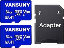 "Vansuny" Micro SD kortelė 64GB 2 atminties kortelių pakuotė Micro SD 64GB pakuotė su SD adapteriu Iki 90MB/s skaitymo greitis (UHS-I, U3, A1, V30, C10, 4K UHD microSDXC)