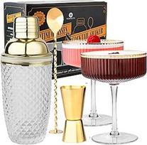 "Vemacity" kokteilių rinkinys - stiklinė kokteilių plaktuvė (500 ml) + 2 stiklinės "Espresso Martini" su auksiniais krašteliais, baro šaukštelis ir džiggeris | barmenų rinkinys | kokteilių taurės + kokteilių plaktuvė | ideali dovana