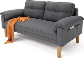 "Xbro" dvivietė sofa, nedidelė dvivietė sofa su porankiais ir šoninėmis kišenėmis, moderni medžiaginė sofa svetainei, namams, biurui, lengvai surenkama, 144 x 77 x 77 cm, tamsiai pilka