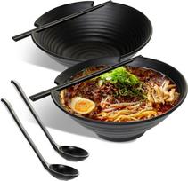 2 japoniškų "Ramen" dubenėlių rinkinys - elegantiški 1000 ml talpos "Ramen" dubenėliai, kuriuos galima plauti indaplovėje, patvarus plastikinių makaronų dubenėlių rinkinys su atitinkamais šaukštais ir lazdelėmis (juodas)
