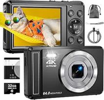 4K 64 MP skaitmeninis fotoaparatas su 32GB TF kortele, automatinio fokusavimo fotoaparatas su 16 kartų skaitmeniniu priartinimu, nešiojamasis kompaktiškas fotoaparatas su 1200 mAh akumuliatoriumi, USB laidu, skirtas vaikams, paaugliams, suaugusiesiems, p