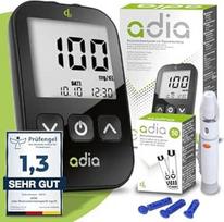 adia Diabeto rinkinys (matavimo vienetas: mg/dl) su 60 gliukozės kiekio kraujyje testo juostelių, lancavimo priemone, 10 lancetų praktiškame krepšyje cukraus kiekiui kraujyje kontroliuoti