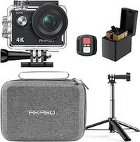 AKASO veiksmo kamera su 60 cm ilgio trikoju ir krepšiu, 4K30FPS 20MP WiFi povandeninis fotoaparatas Ledo stabilizavimas 170° plačiu kampu Ultra HD veiksmo kamera su 4x priartinimu ir 2x 1050 mAh baterijomis