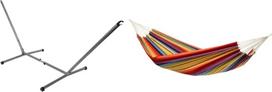 AMAZONAS "Sumo RockStone" hamako rėmas Reguliuojamas dydis 270-330 x 105 x 110 cm iki 120 kg ir "Classic XL Barbados Rainbow Hammock" rankų darbo Brazilijoje iki 200 kg apkrovos