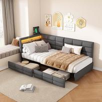 BSCFHCZ Minkšta dienos lova Viengulė lova 90 x 200 cm su 2 stalčiais, funkcinė dienos lova su LED ir USB + C tipo jungtimi, vaikiška lova, sofa-lova (pilka patalynė - L formos - 90 x 200 cm)