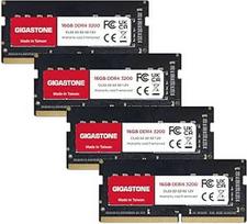 DDR4 RAM tik nešiojamiesiems kompiuteriams: GIGASTONE 64GB rinkinys (4x16GB) DDR4 3200MHz (2933MHz arba 2666MHz) PC4-25600(PC4-23400, 21300) CL22 1.2V SODIMM 260Pin Non-ECC Unbuffered Nešiojamųjų kompiuterių atminties atnaujinimas