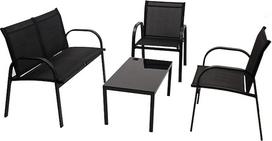 DEGAMO Arona 4 dalių poilsio komplektas (2 x poilsio kėdės, 1 x poilsio sofa, 1 x stalas 80 x 45 cm), metalas + tekstilės audinys, juodas, lauko
