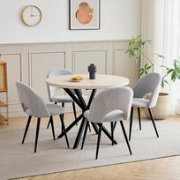 DEYARNA HOME 100 cm apvalus valgomojo stalas (travertino tekstūros) su 4 aksominėmis valgomojo kėdėmis, stalas ir 4 kėdės virtuvei, valgomajam, svetainei ir biurui (geltonas travertino stalas ir pilkos spalvos kėdės)