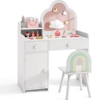 DREAMADE 2-in-1 vaikiškas tualetinis staliukas su nuimamu veidrodžiu ir taburete, princesės medinis tualetinis staliukas su lentynomis ir stalčiais, vaikiškas tualetinis staliukas mergaitėms nuo 3 metų