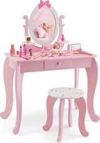 DREAMADE 2-in-1 vaikiškas tualetinis staliukas su taburete ir nuimamu veidrodžiu, medinis vaikiškas makiažo staliukas, kosmetikos staliukas, princesės tualetinis staliukas su stalčiumi vaikams mergaitėms