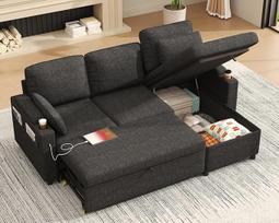 DURASPACE Sofa lova Išskleidžiamoji 2-in-1 sekcinė sofa lova Sofos su saugykla, USB, puodelio laikikliu, ištraukiamos sekcinės sofos namams, svetainei (tamsiai pilka)