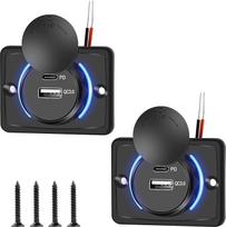 Dvigubas USB automobilio įkroviklio lizdas, QC3.0 ir PD USB-C automobilinis įkroviklis 12V-24V greitojo įkrovimo lizdas Vandeniui atsparus įkrovimo lizdas, skirtas jūrų laivams, automobiliams, motociklams, nameliams ant ratų, valtims (2 vnt.)
