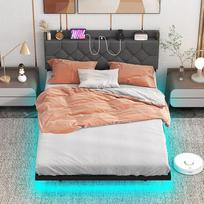 FANTASK Minkšta lova su skersiniu rėmu ir reguliuojamu paminkštintu galvūgaliu, lovos rėmas su LED apšvietimu ir įkrovimo stotele, dvigulė lova, lova, 140 x 200 cm