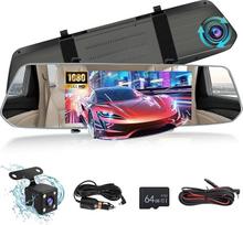 Galinio vaizdo veidrodėlio kamera automobiliui su 64G TF kortele, 7 colių 1080P Full HD jutiklinis ekranas / įrašymas į kilpą / 150° platus kampas / naktinis matymas / G jutiklis / 24 valandų judesio aptikimas / pagalba parkuojant + atbulinės eigos kamera