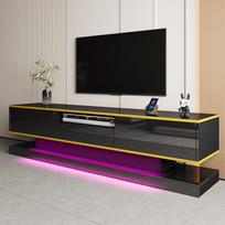 Gxffipw 180 cm ilgio TV spintelė, skirta televizoriams iki 75 colių, žemoji lentyna su spalvą keičiančiais LED žibintais ir 3 stalčiais, TV spintelė su 1 atviru skyriumi, svetainės baldų TV lenta, juoda