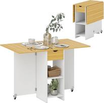 HOMCOM sulankstomas valgomojo stalas, sulankstomas stalas 2-4 žmonėms, modernus virtuvės stalas, taupantis erdvę, su stalčiumi, 2 lentynomis ir 2 ratukais, medinis, 114,5 x 70 x 75 cm, ąžuolas