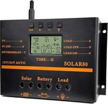 HZRE saulės energijos įkrovos valdiklis 80A PWM 12V/24V 1920W, iškrovos valdiklis su 5V USB išėjimu, kelių grandinių apsauga, ABS korpusas, juodas