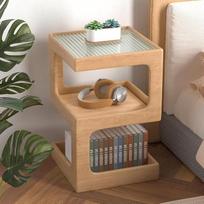 ihomemore Modernus medžio masyvo staliukas su stikliniu viršumi - naktinis staliukas su 3 lentynomis svetainei ir miegamajam Skandinaviško dizaino, universalus ir taupantis vietą