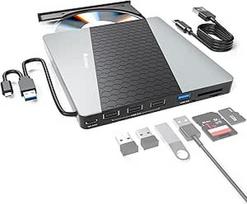 Išorinis CD DVD diskas, USB 3.0 USB C, nešiojamasis CD DVD-+/-RW įrašymo įrenginys, CD grotuvas nešiojamajam kompiuteriui su SD/Micro SD kortelių skaitytuvu, 8 in 1 koncentratorius, suderinamas su nešiojamaisiais kompiuteriais, Mac, PC, Windows, Linux