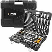 JCB 218 dalių lizdų ir įrankių rinkinys, 3/8", 1/4" ir 1/2" lizdai, antgaliai, veržliarakčiai ir priedai, skirti įvairiems sunkiosios mechanikos ir techninės priežiūros tikslams