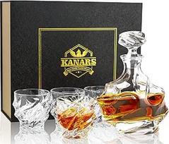 KANARS viskio karafos ir taurių rinkinys, 750 ml viskio dekanteris ir 4 x 260 ml taurės, bešvinio krištolo taurės, 5 dalių viskio dovanų rinkinys, prabangi dovana, skaidrus