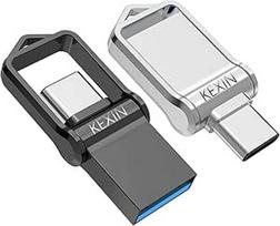KEXIN 64GB USB C atmintinė, 2 vnt., "Dual USB Stick 3.0 2-in-1" OTG C tipo blykstės diskas, mini atmintinė USB 3.0 atmintinė, skirta USB C mobiliajam telefonui su "Android", kompiuteriui, automobiliui, televizoriui (2 vnt., juodai sidabrinė)