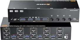 KVM jungiklis 3 monitoriams 4 kompiuteriams, 2 DisplayPort + 1 HDMI USB 3.0 KVM jungiklis, palaiko 4K@60Hz, skirtas 3 kompiuteriams, kurie dalijasi 2 DP monitoriais, klaviatūra ir pele