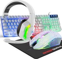 Laidinė žaidimų klaviatūra su 104 klavišais 3D stereo žaidimų ausinės Combo su Multi-RGB apšvietimu Ergonomiškas reguliuojamas mikrofonas 2400DPI Didelis pelės padas, atsparus vandeniui, skirtas kompiuteriui