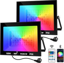 LED lauko prožektorius, 100 W išmanusis RGB prožektorius su nuotolinio valdymo pulteliu, "Bluetooth" programėlė, LED prožektorius, spalvą keičiantis prožektorius, IP66 vandeniui atsparus prožektorius sodams, kiemams (2 vnt.)
