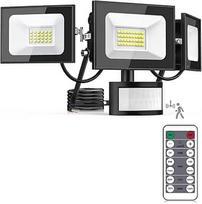 LED prožektorius su judesio jutikliu lauke, 100 W, 10000 LM lauko prožektorius su 3 reguliuojamomis galvutėmis, 6500 K šaltai baltos spalvos LED prožektorius su nuotolinio valdymo pulteliu, IP65 vandeniui atsparus prožektorius